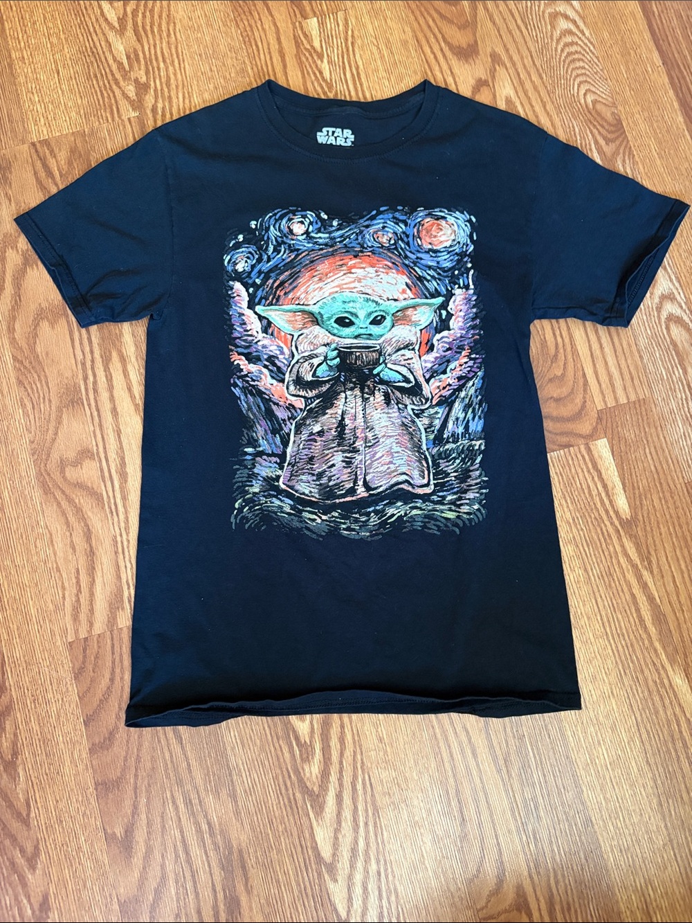 Star Wars Black Tee with Green and Orange Grogu Artwork